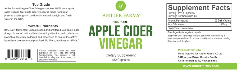 Antler Farms - 100% Pure Apple Cider Vinegar with Mother, 180 Capsules, 500mg - A Powerful Ally for Gut and Heart Health - Vegan, Gluten-Free & Non-GMO