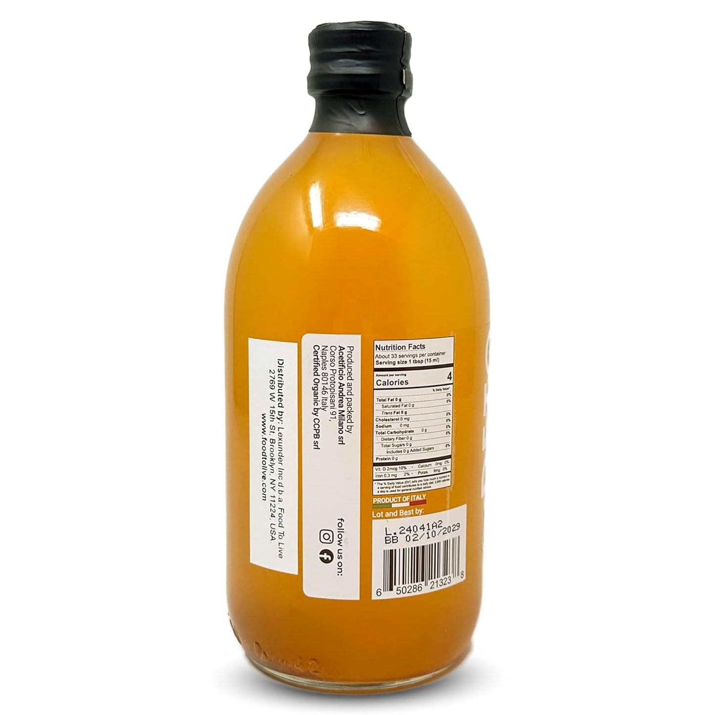 Andrea Milano Organic Apple Cider Vinegar, 2 Bottles – Raw Italian Natural Vinegar with the Mother, Unfiltered, Unpasteurized, Non-GMO, Vegan, Bulk, Glass Bottle