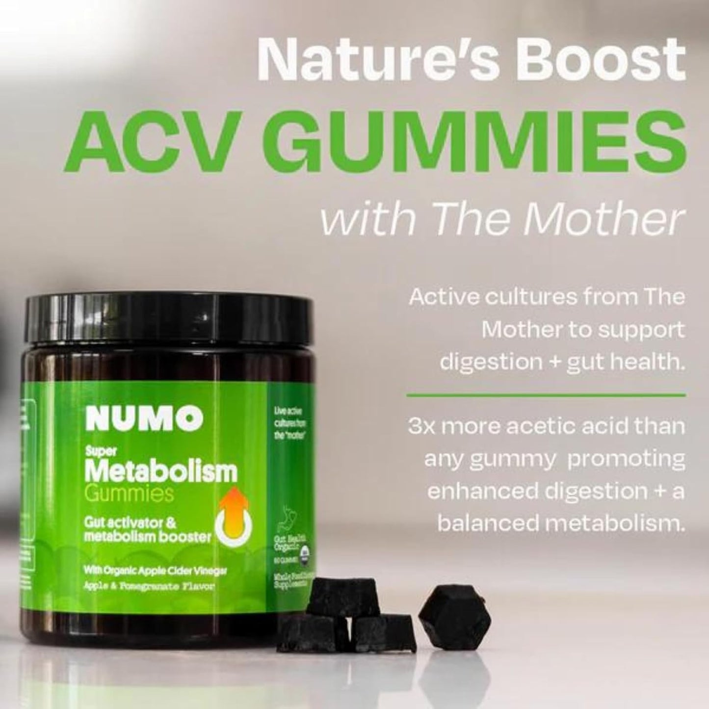 Numo Apple Cider Vinegar Gummies from The Mother, ACV Gummies with Probiotics, Folic Acid, MCT Oil, Vitamin B12, Pomegrante, Supports Digestive Health, Immune System, Gut Health - 60 Count