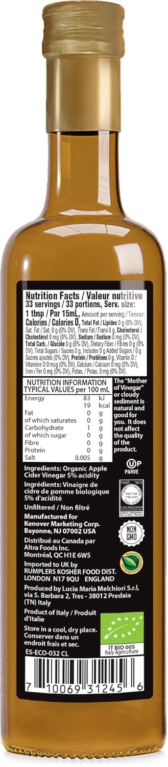Tuscanini Italian Organic Unfiltered Apple Cider Vinegar with the Mother, 16.9oz, Premium Quality, Certified Kosher