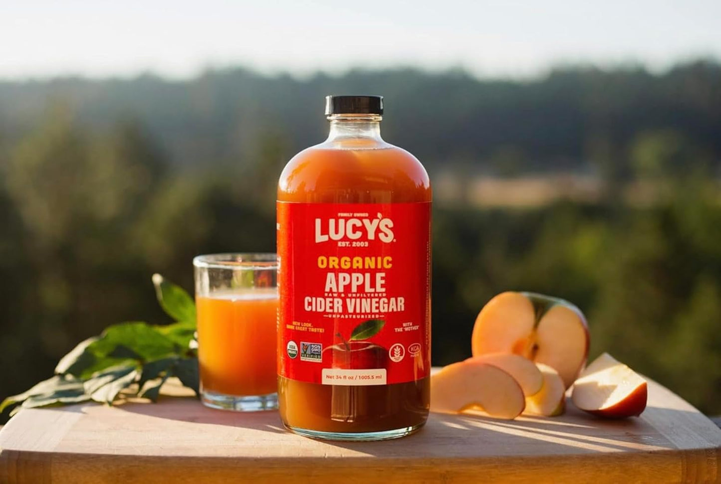 Lucy's Family Owned - USDA Organic NonGMO Raw Apple Cider Vinegar, Unfiltered, Unpasteurized, With the Mother, 34oz GLASS Bottle