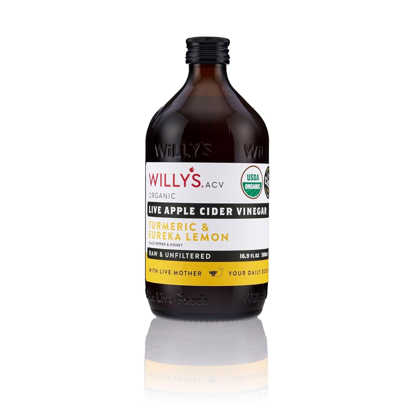 Willy's ACV Organic Probiotic Apple Cider Vinegar with Mother for Gut Health - with Turmeric & Eureka Lemon 16.9 fl oz