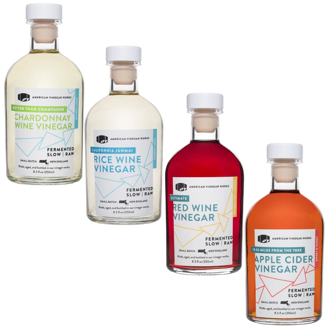 American Vinegar Works - Essentials Kitchen Vinegars - Includes Apple Cider, Red Wine, Rice Wine, and Chardonnay Wine Vinegars - Packed in a Custom Box - Great for Gifts - 8.5 oz Bottles - 4 Pack