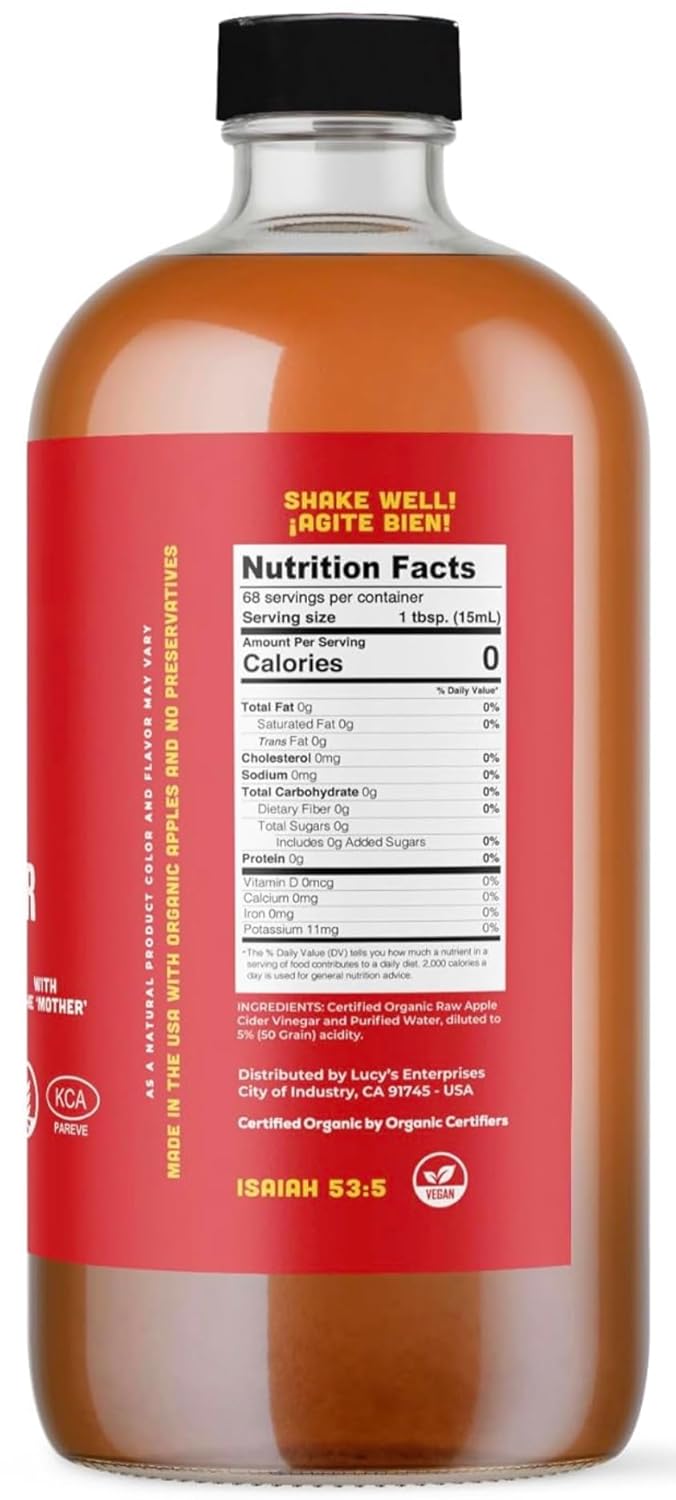 Lucy's Family Owned - USDA Organic NonGMO Raw Apple Cider Vinegar, Unfiltered, Unpasteurized, With the Mother, 34oz GLASS Bottle