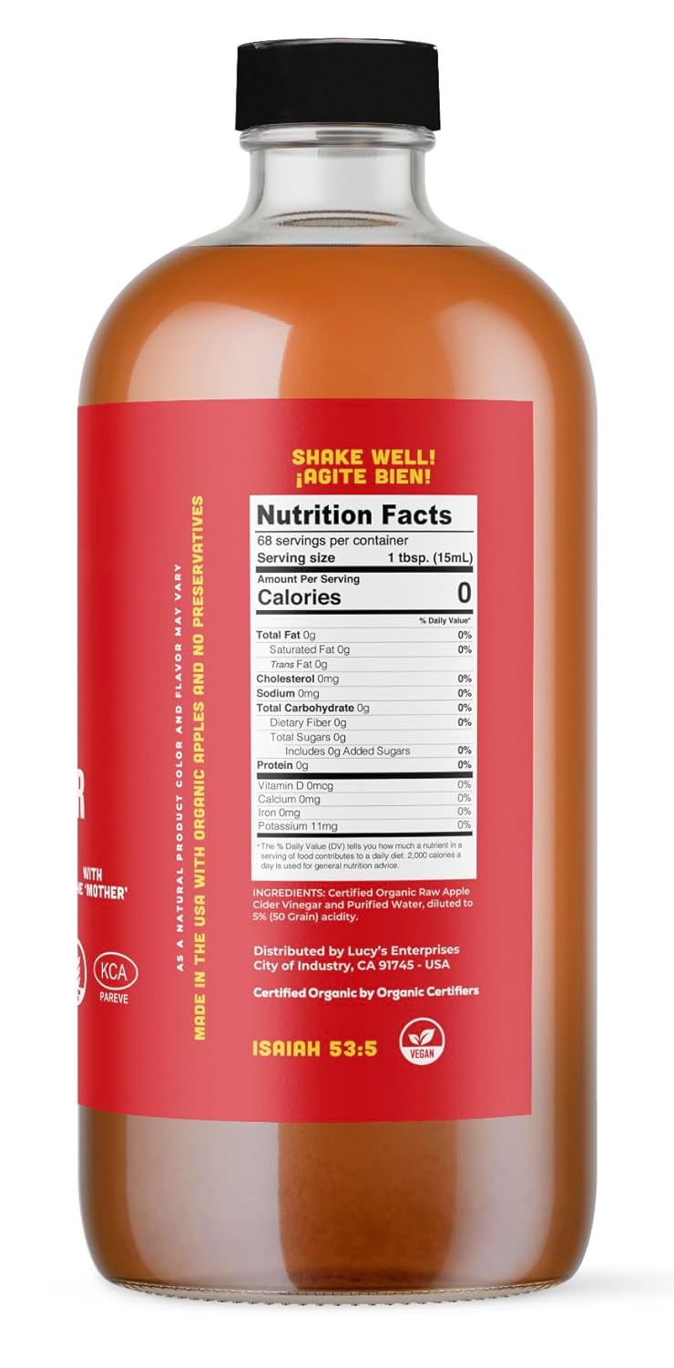Lucy's Family Owned - 34oz. GLASS BOTTLE (2-Pack) Organic, With the Mother, Apple Cider Vinegar, Unfiltered, Unpasteurized, Raw, and NonGMO