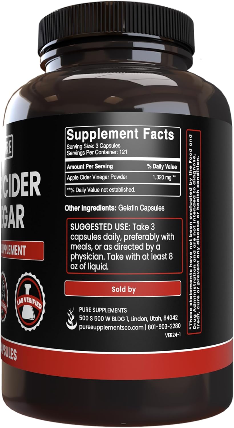 Pure Original Ingredients Apple Cider Vinegar, No Magnesium Stearate or Rice Fillers Non-GMO, Undiluted ACV Powder with No Additives (365 Capsule)