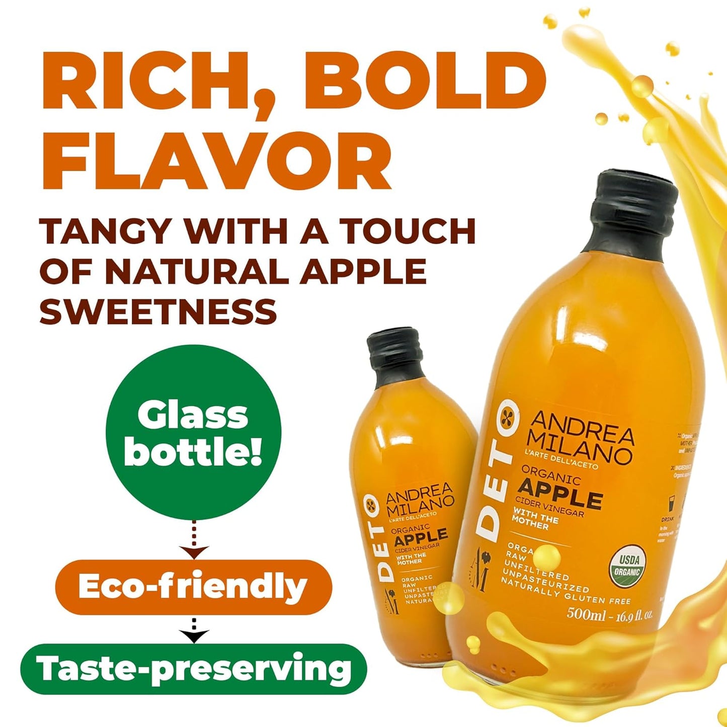 Andrea Milano Organic Apple Cider Vinegar, 2 Bottles – Raw Italian Natural Vinegar with the Mother, Unfiltered, Unpasteurized, Non-GMO, Vegan, Bulk, Glass Bottle