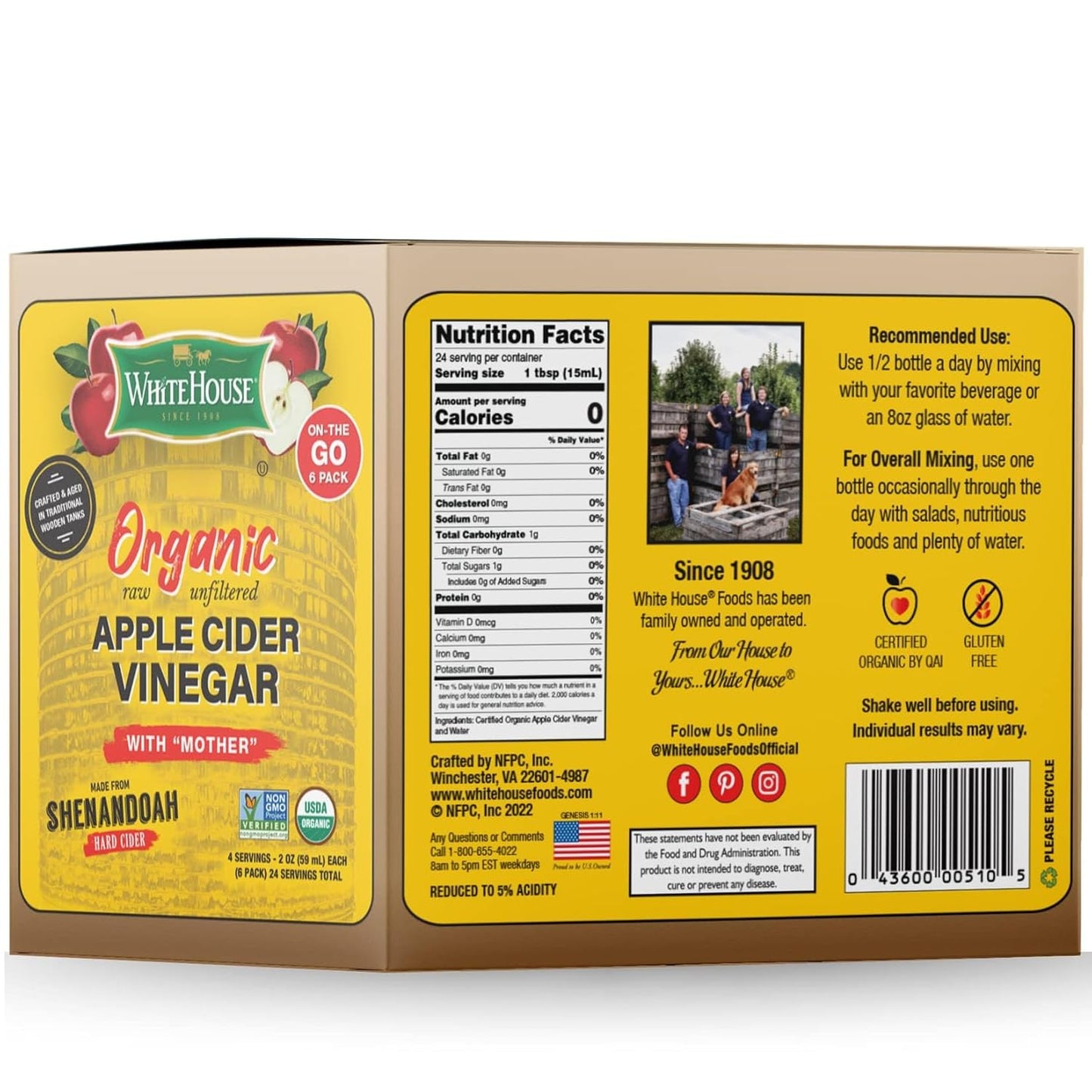 White House Organic Apple Cider Vinegar Shots, Raw Unfiltered, On the Go (Organic, Pack of 24)