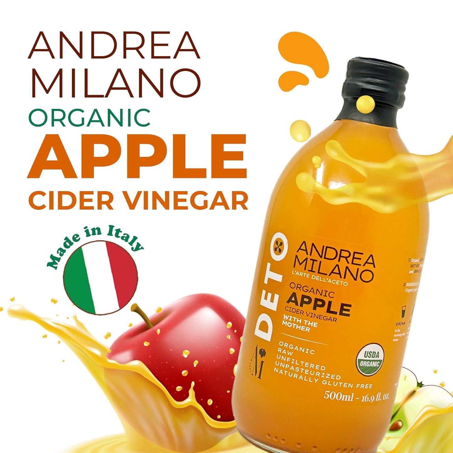 Andrea Milano Organic Apple Cider Vinegar, 2 Bottles – Raw Italian Natural Vinegar with the Mother, Unfiltered, Unpasteurized, Non-GMO, Vegan, Bulk, Glass Bottle