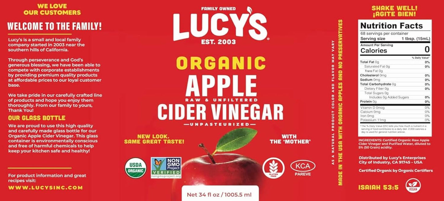 Lucy's Family Owned - USDA Organic NonGMO Raw Apple Cider Vinegar, Unfiltered, Unpasteurized, With the Mother, 34oz GLASS Bottle