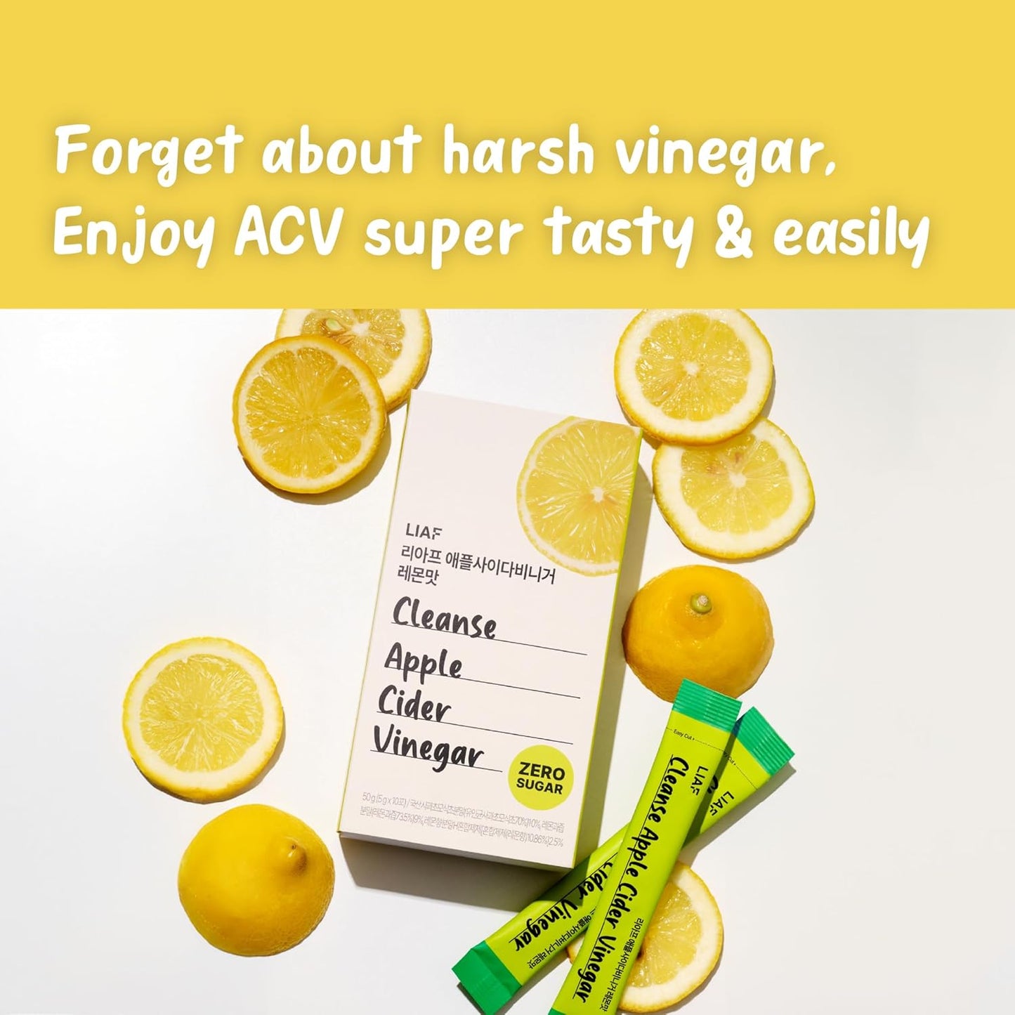 LIAF Apple Cider Vinegar Powder Loaded Tea Packets | Korean Fermented ACV with Mother | Travel Size Instant Dissolving Drink Mix | Sugar Free Energy Boost | Lemon Flavor 10 Count