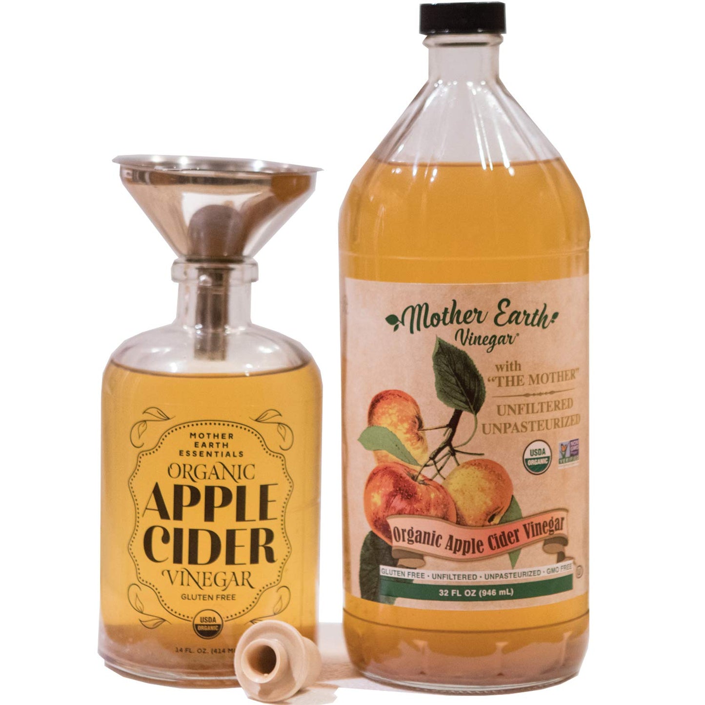 Mother Earth, Organic Apple Cider Vinegar with The Mother, Fresh Pressed Organic Apples, OACV, ACV, Raw, Unpasteurized, Unfiltered (1/14oz Apothecary Glass Bottle with Pour Spout)