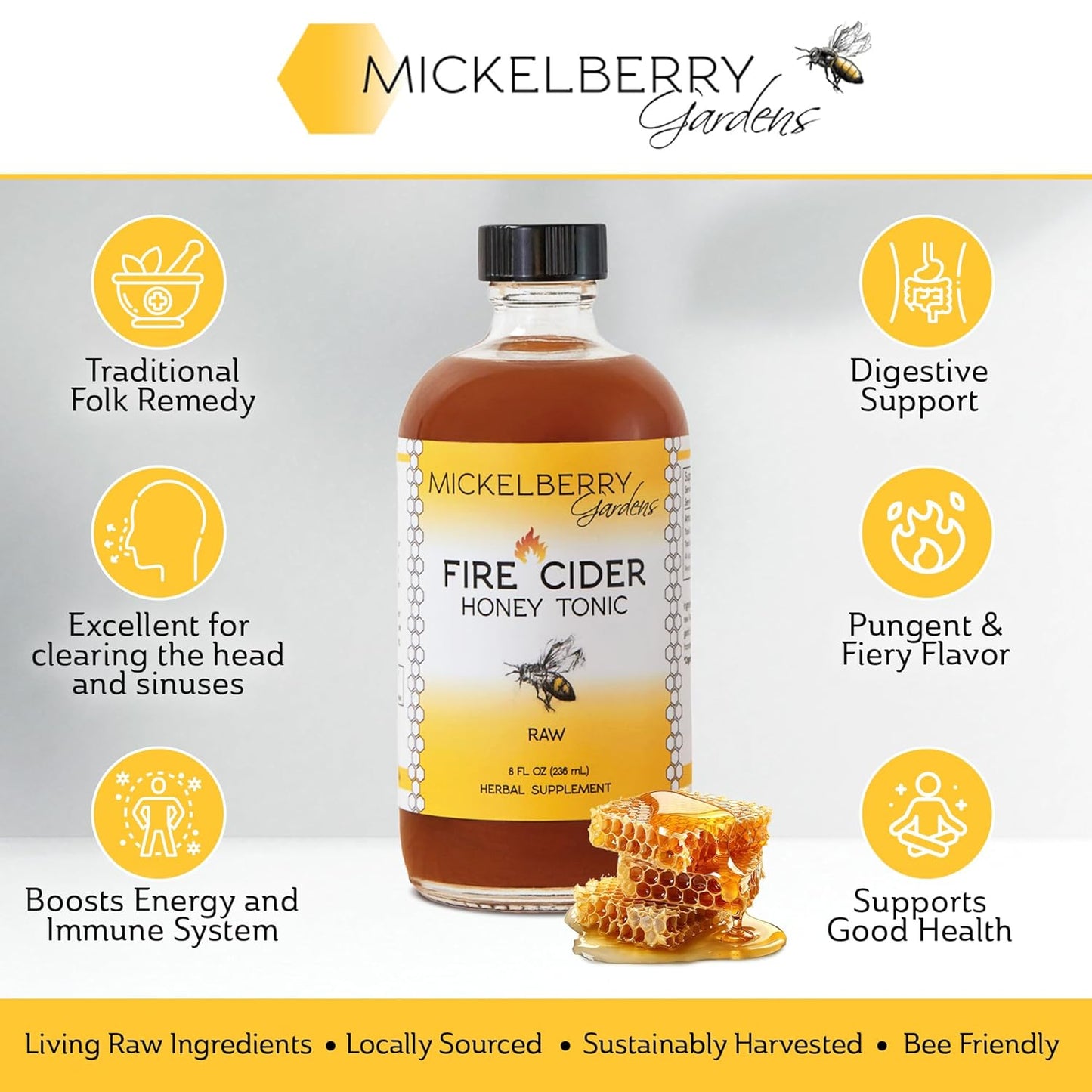 Mickelberry Gardens Fire Cider Apple Cider Vinegar Honey Tonic with Organic Turmeric Root, Ginger Root & Dandelion - Natural Digestion & Immune Support (8 Ounces)