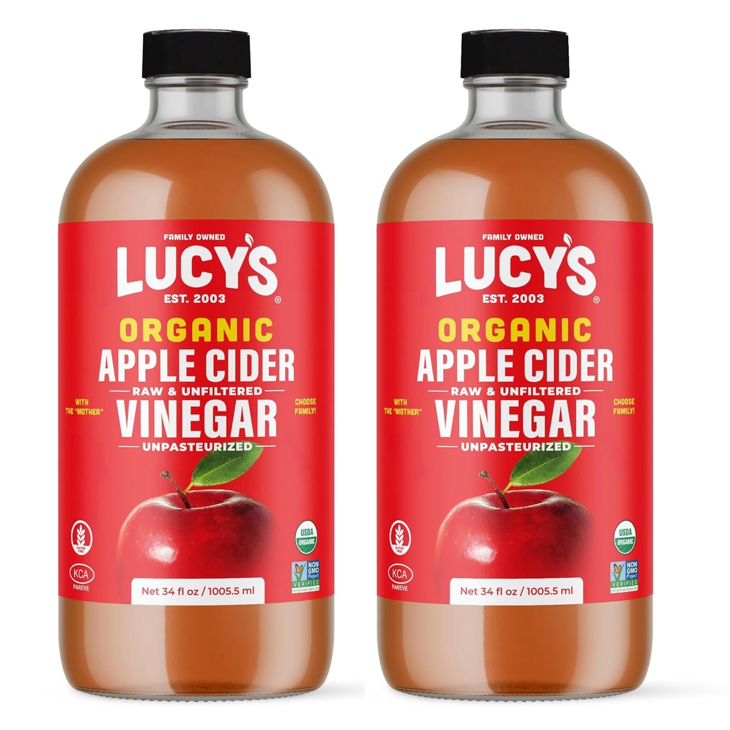 Lucy's Family Owned - 34oz. GLASS BOTTLE (2-Pack) Organic, With the Mother, Apple Cider Vinegar, Unfiltered, Unpasteurized, Raw, and NonGMO