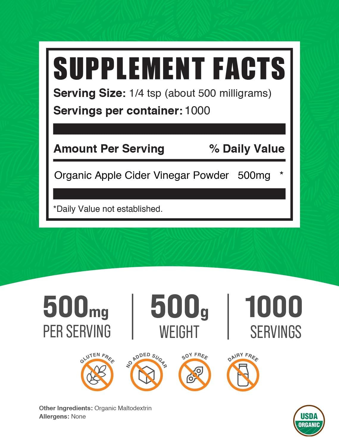 BulkSupplements.com Organic Apple Cider Vinegar Powder - Apple Cider Vinegar Supplement, ACV for Digestive Support - Vegan & Gluten Free, 500mg per Serving, 500g (1.1 lbs) (Pack of 1)