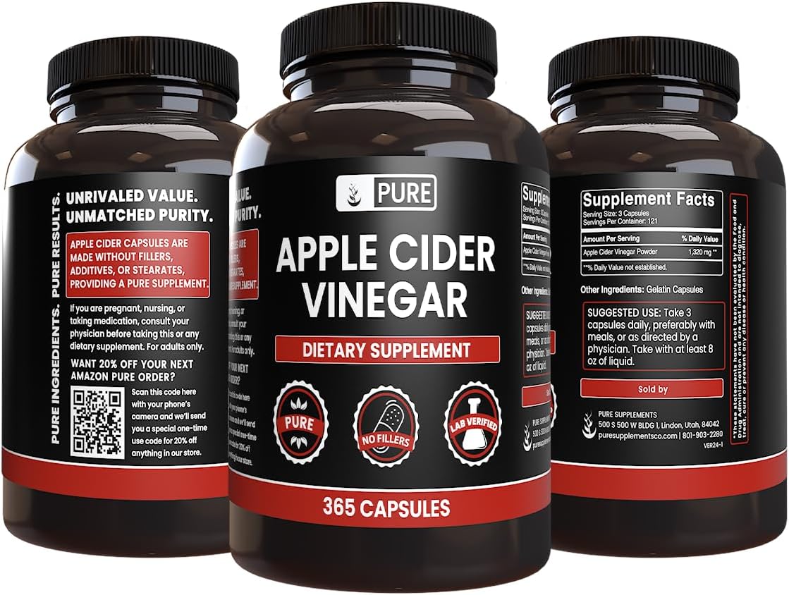 Pure Original Ingredients Apple Cider Vinegar, No Magnesium Stearate or Rice Fillers Non-GMO, Undiluted ACV Powder with No Additives (365 Capsule)