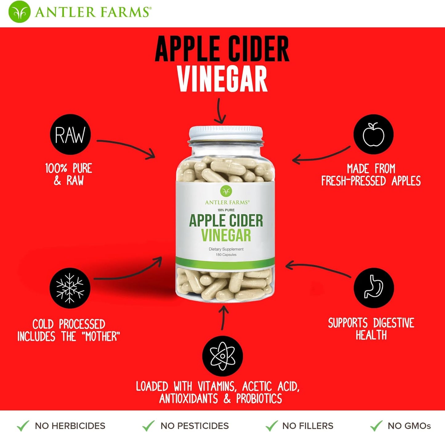 Antler Farms - 100% Pure Apple Cider Vinegar with Mother, 180 Capsules, 500mg - A Powerful Ally for Gut and Heart Health - Vegan, Gluten-Free & Non-GMO