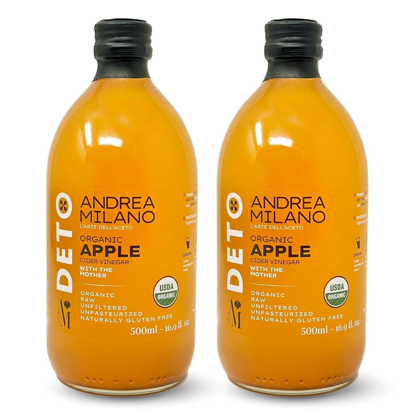 Andrea Milano Organic Apple Cider Vinegar, 2 Bottles – Raw Italian Natural Vinegar with the Mother, Unfiltered, Unpasteurized, Non-GMO, Vegan, Bulk, Glass Bottle