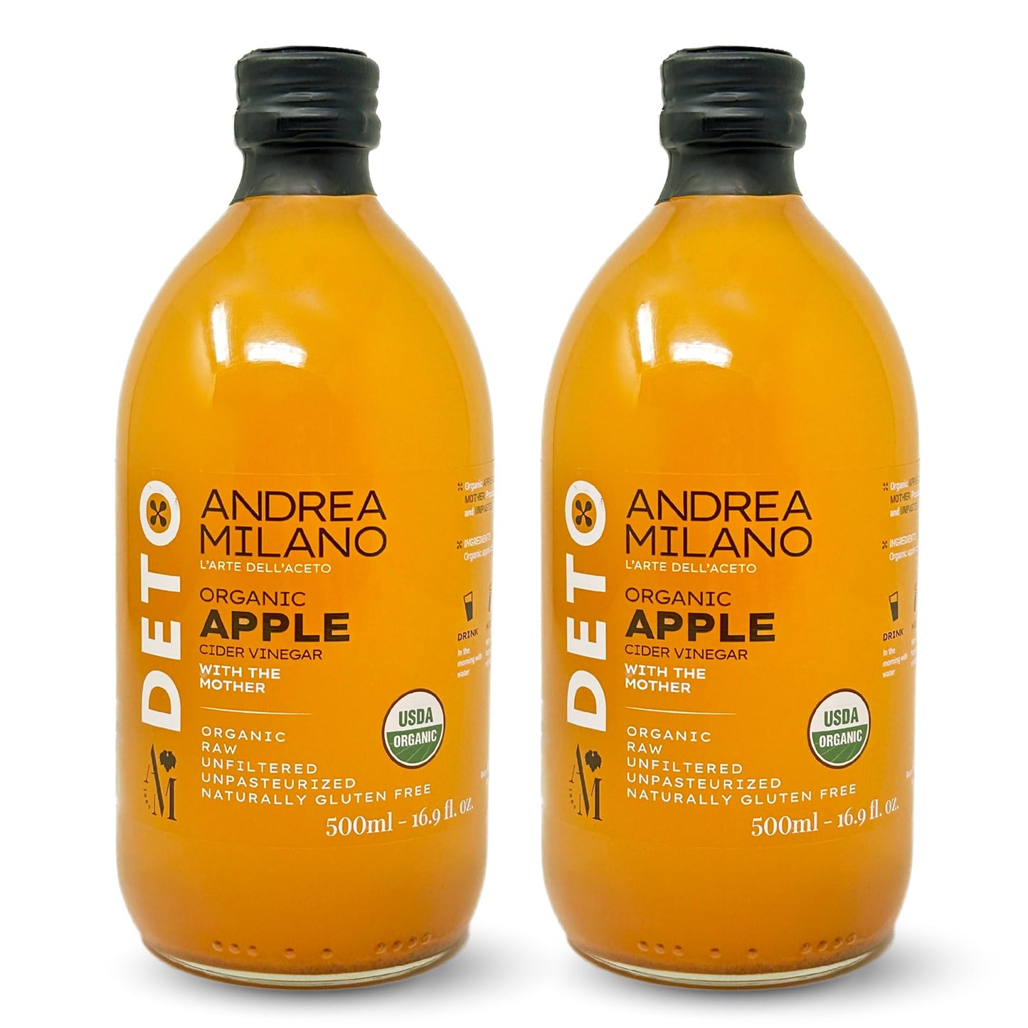 Andrea Milano Organic Apple Cider Vinegar, 2 Bottles – Raw Italian Natural Vinegar with the Mother, Unfiltered, Unpasteurized, Non-GMO, Vegan, Bulk, Glass Bottle