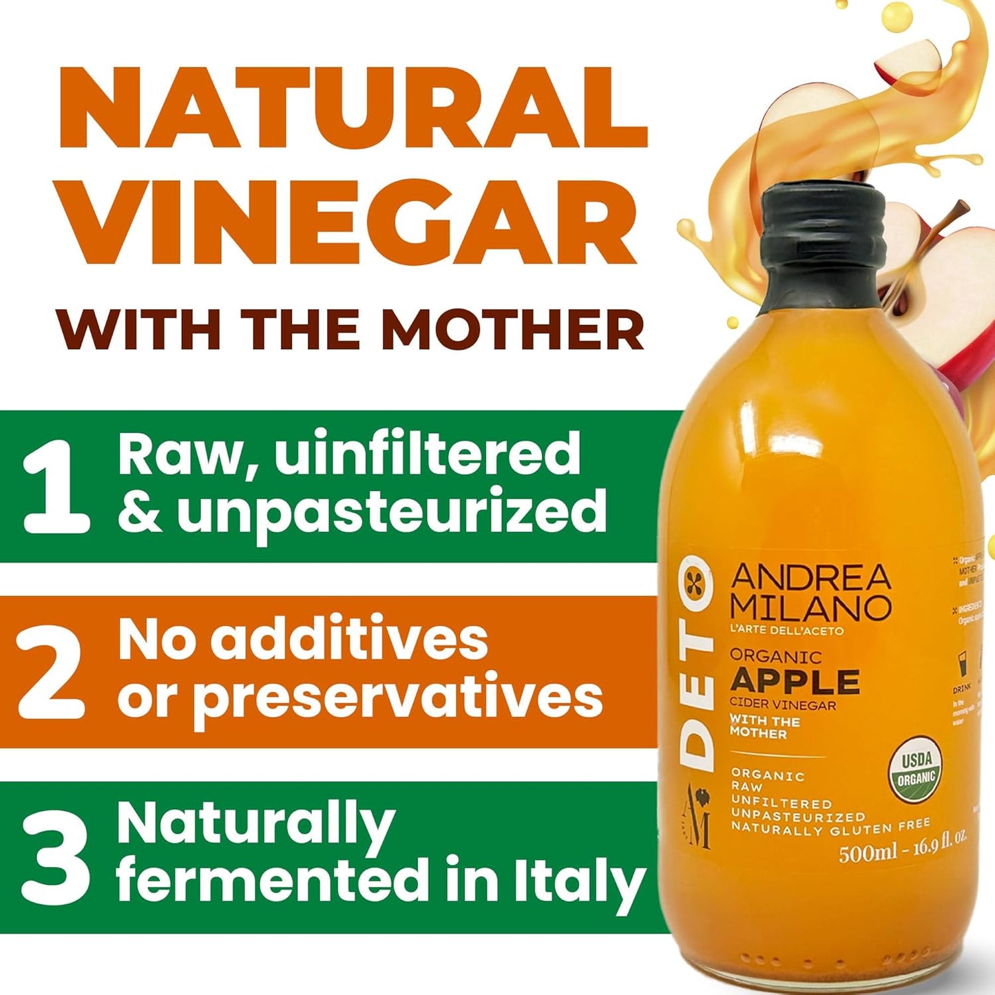 Andrea Milano Organic Apple Cider Vinegar, 2 Bottles – Raw Italian Natural Vinegar with the Mother, Unfiltered, Unpasteurized, Non-GMO, Vegan, Bulk, Glass Bottle