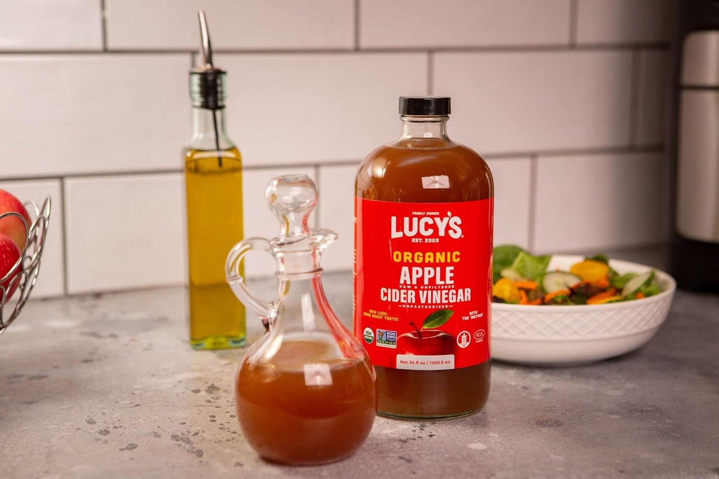 Lucy's Family Owned - 34oz. GLASS BOTTLE (2-Pack) Organic, With the Mother, Apple Cider Vinegar, Unfiltered, Unpasteurized, Raw, and NonGMO