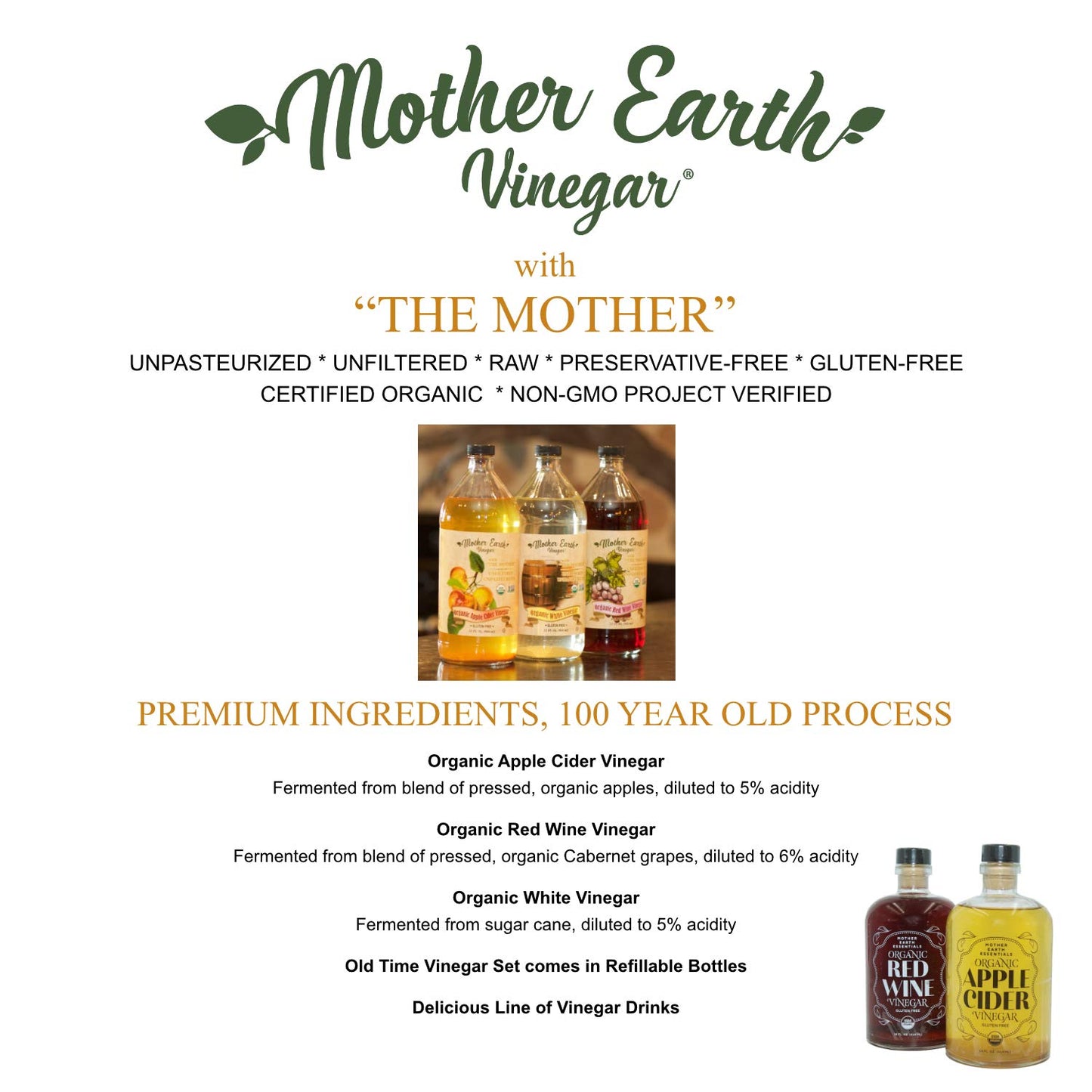 Mother Earth, Organic Apple Cider Vinegar with The Mother, Half Gallon, Fresh Pressed Organic Apples, OACV, ACV, Raw, Unpasteurized, Unfiltered (1/64oz Bottle)