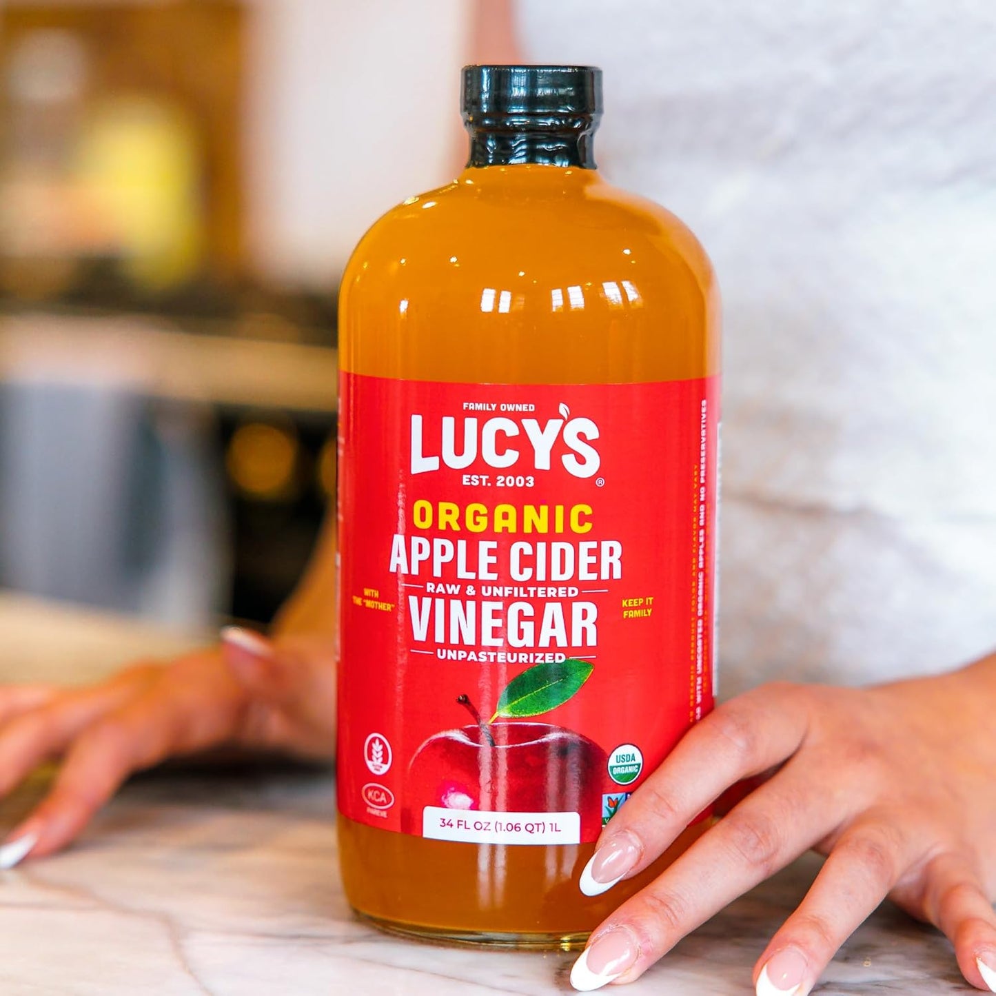 Lucy's Family Owned - USDA Organic NonGMO Raw Apple Cider Vinegar, Unfiltered, Unpasteurized, With the Mother, 34oz GLASS Bottle