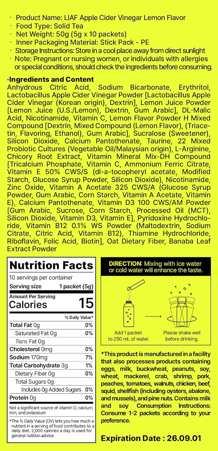 LIAF Apple Cider Vinegar Powder Loaded Tea Packets | Korean Fermented ACV with Mother | Travel Size Instant Dissolving Drink Mix | Sugar Free Energy Boost | Lemon Flavor 10 Count