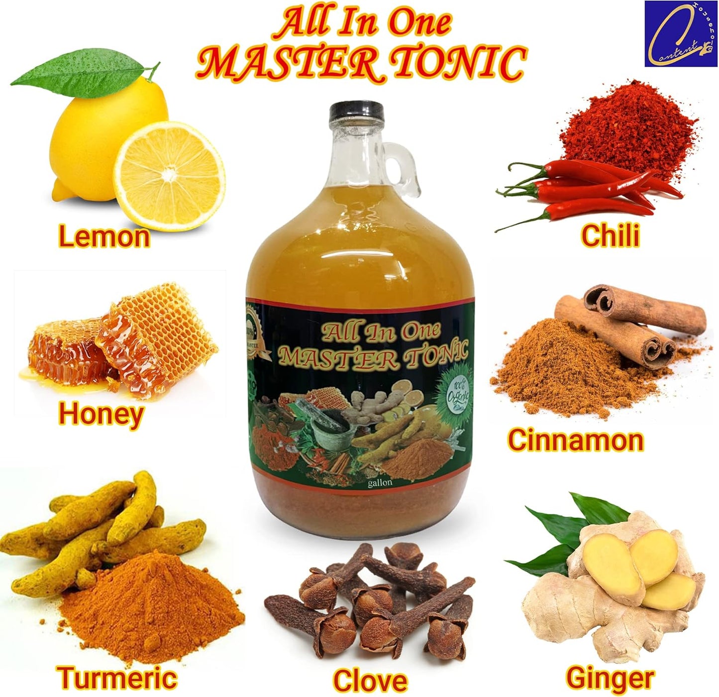 64oz Kosher| Halal | Natural apple cider vinegar | All in One Master Tonic Shots cinnamon, cloves, lemon, ginger, turmeric, cayenne pepper, honey, water | USDA Certified Organic | Fire Cider