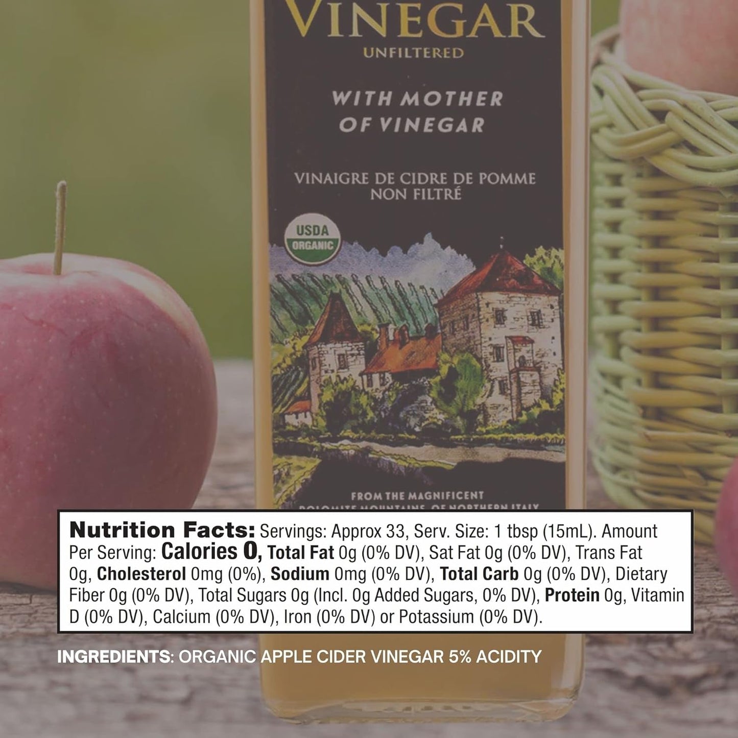 Tuscanini Italian Organic Unfiltered Apple Cider Vinegar with the Mother, 16.9oz, Premium Quality, Certified Kosher