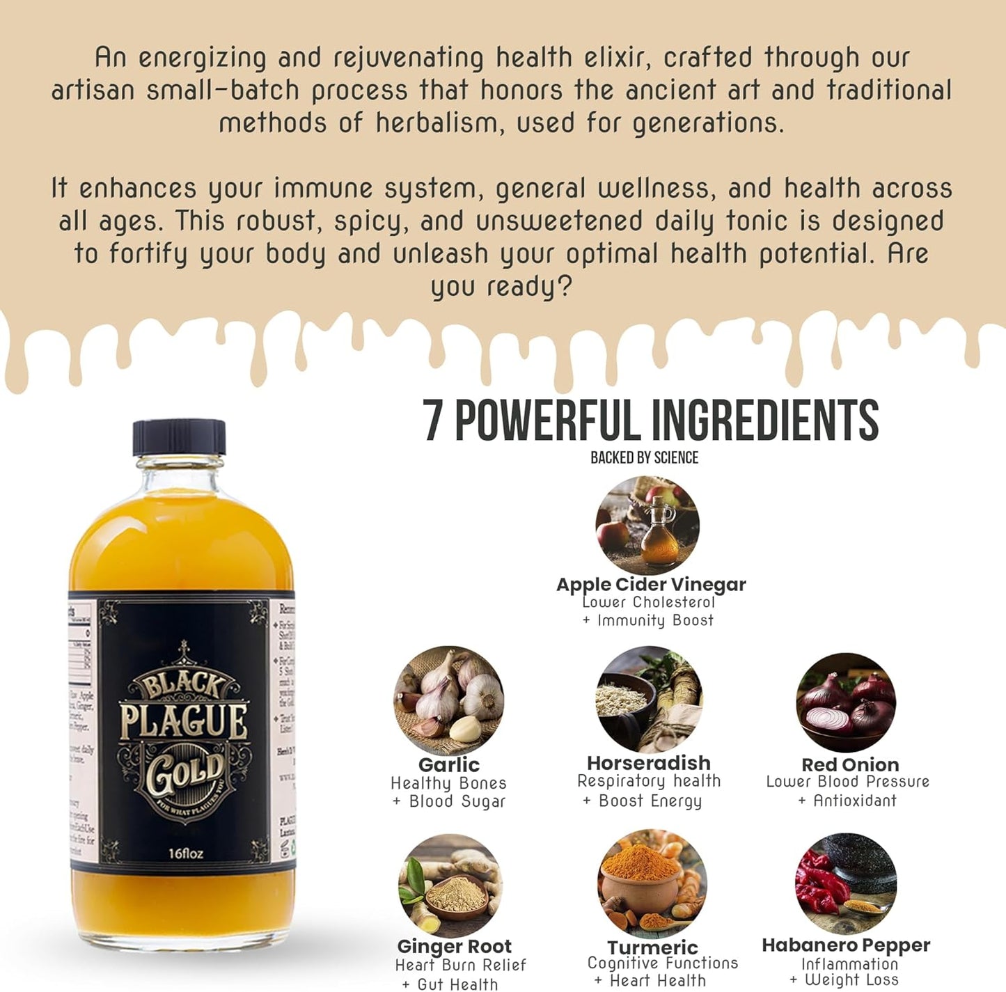 Black Plague Gold Fire Cider - 16oz All-Natural Elixir for Immunity, Gut Health & Wellness: Handcrafted, Small Batch, Herbal Apple Cider Vinegar, Whole, Raw & Sugar-Free - Unleash Your Optimal Health