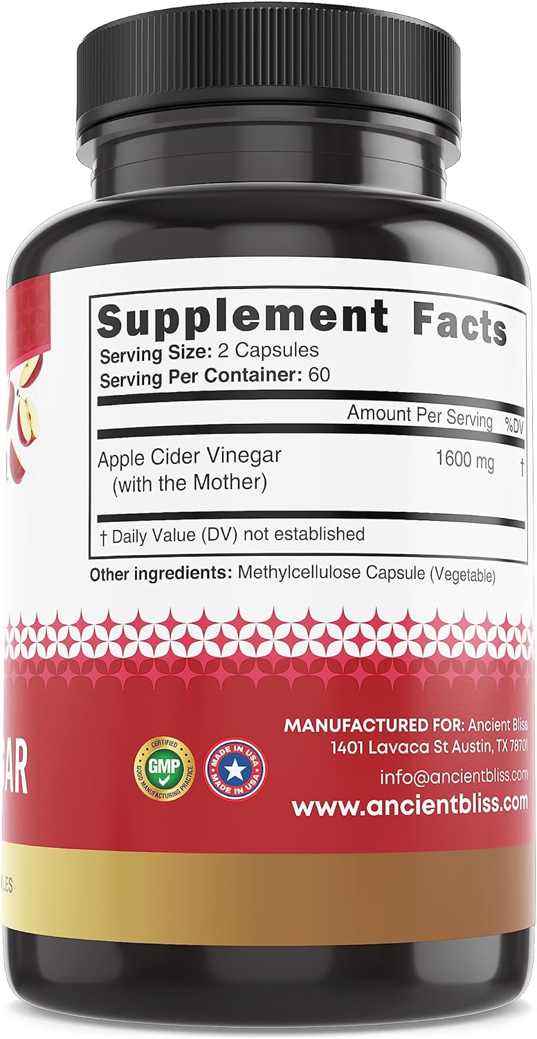Ancient Bliss Apple Cider Vinegar Organic Capsules with The Mother, Helps Improve Digestion, Unfiltered Vinegar Capsules, 1600MG (120 Capsules)