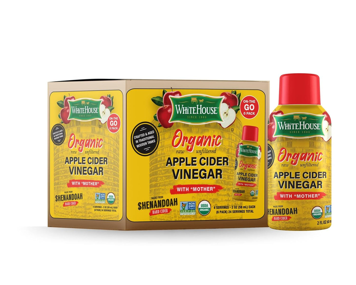 White House Organic Apple Cider Vinegar Shots, Raw Unfiltered, On the Go (Organic, Pack of 24)