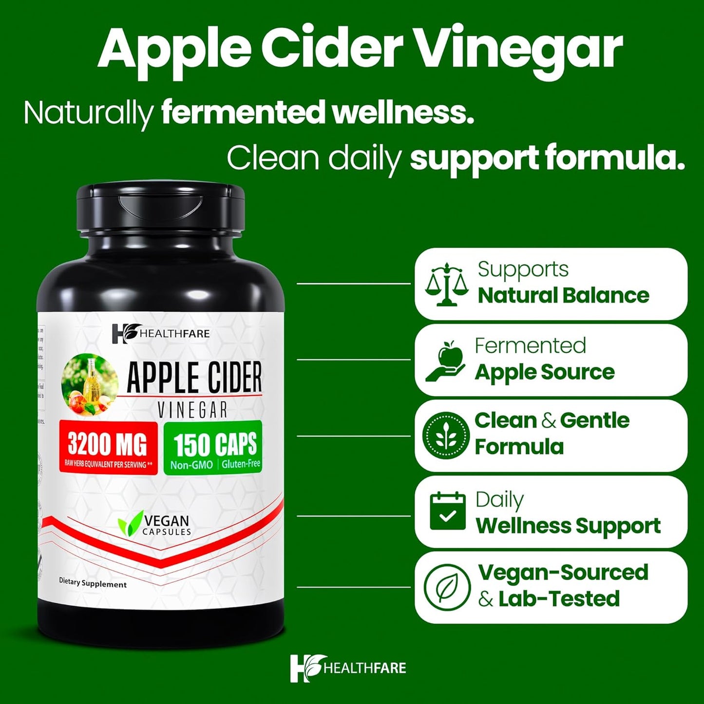 Apple Cider Vinegar Capsules 3200mg | 150 Vegan Capsules | Maximum Strength ACV Supplement | Natural Cleanse Support | Non-GMO & Gluten-Free | Made in USA