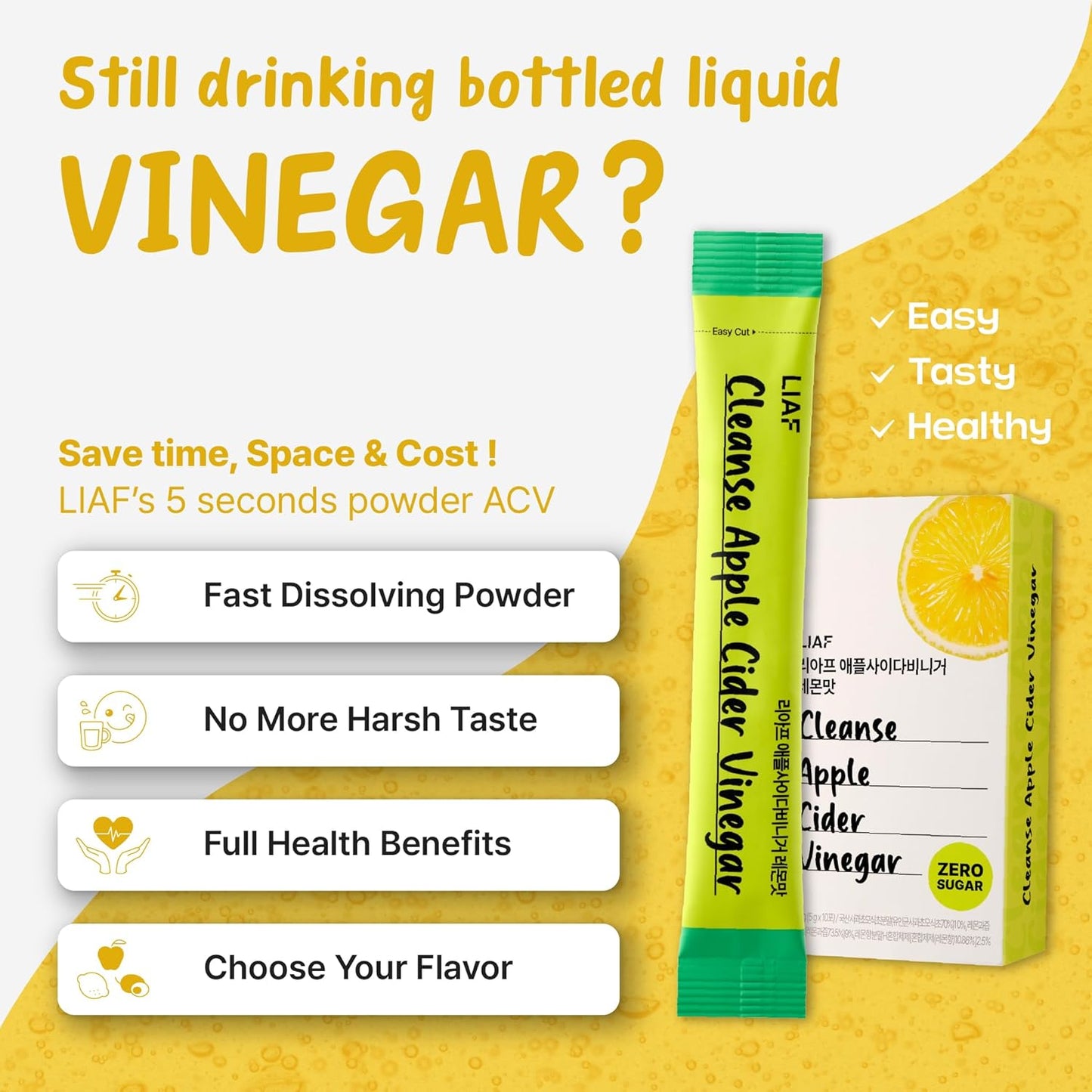 LIAF Apple Cider Vinegar Powder Loaded Tea Packets | Korean Fermented ACV with Mother | Travel Size Instant Dissolving Drink Mix | Sugar Free Energy Boost | Lemon Flavor 10 Count