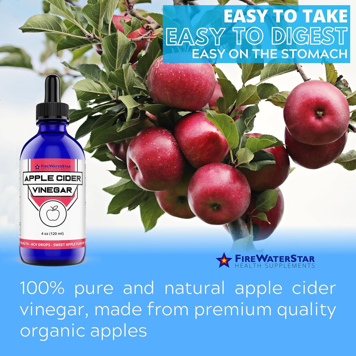 FWS Apple Cider Vinegar - Apple Flavored ACV Supplement Drops - Organic, Non-GMO, Vegan, Keto - with Mother - Easy to Swallow Daily Vinegar - Supports Overall Health and Digestion - 4oz