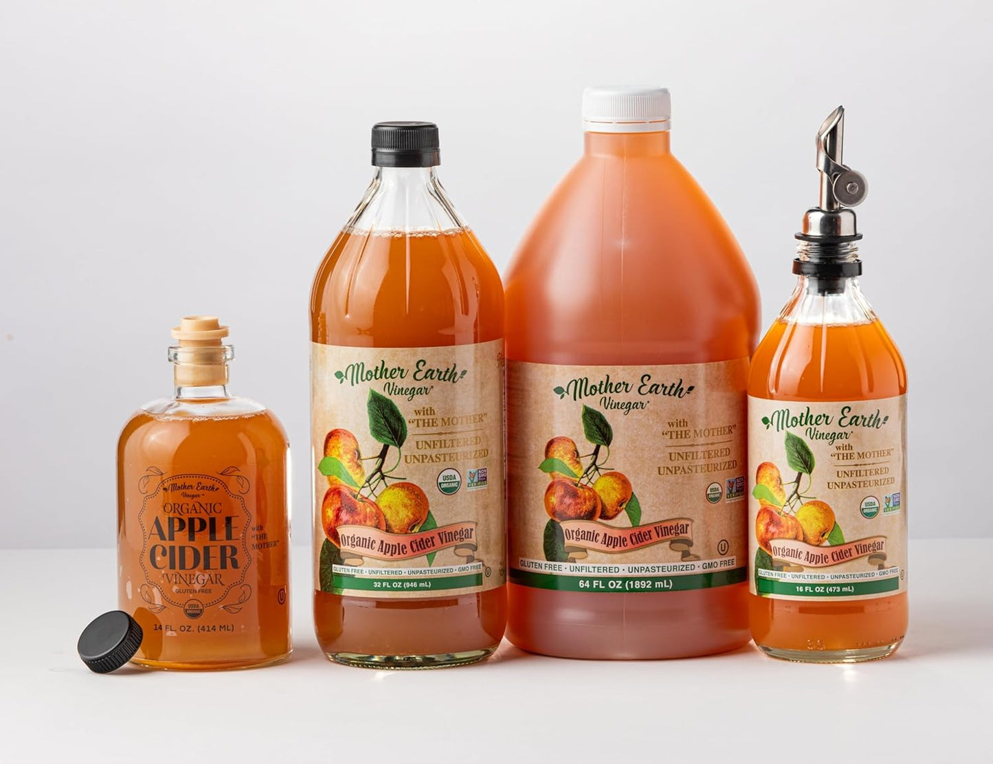 Mother Earth, Organic Apple Cider Vinegar with The Mother, Fresh Pressed Organic Apples, OACV, ACV, Raw, Unpasteurized, Unfiltered (1/14oz Apothecary Glass Bottle with Pour Spout)