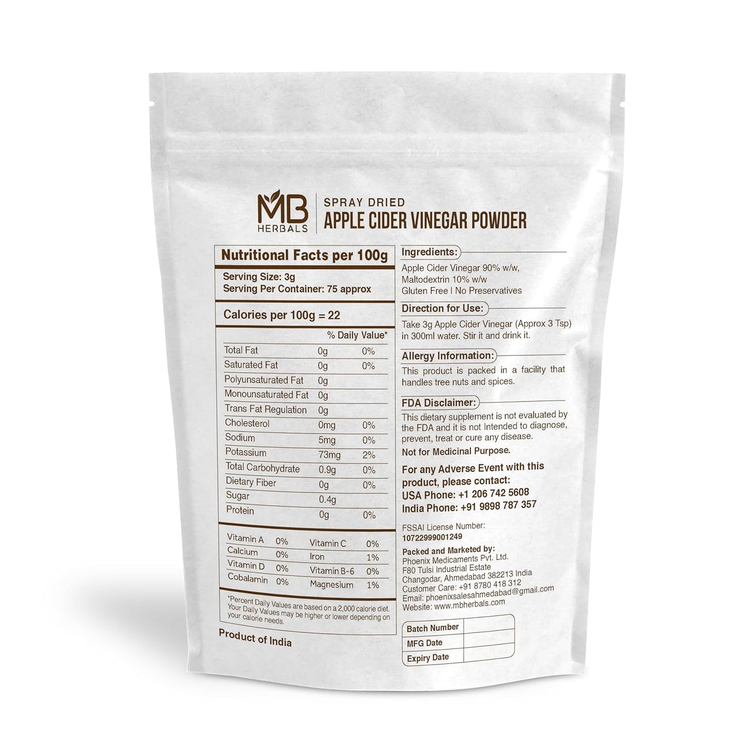 MB Herbals Apple Cider Vinegar Powder | 227G (8 oz/Half Pound) | 75 Servings | Spray Dried | Gluten Free | No Preservatives