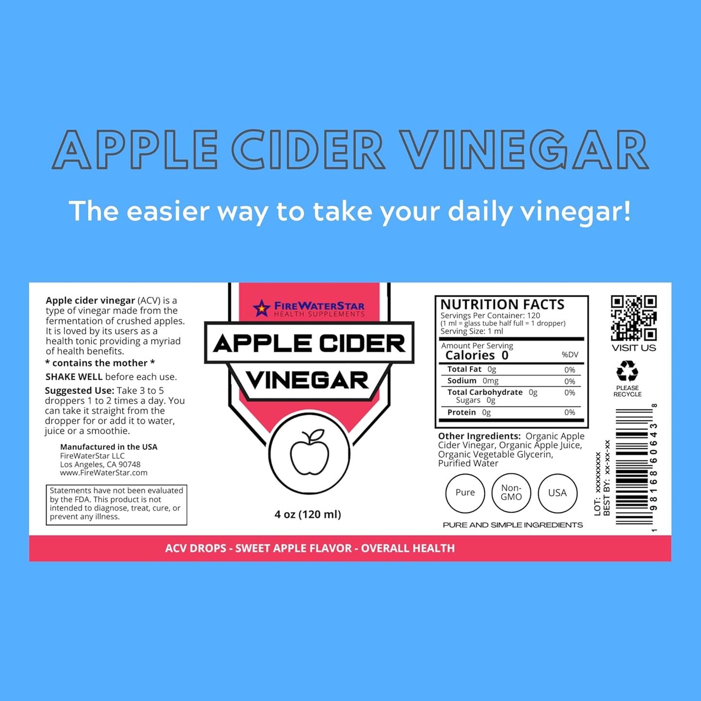 FWS Apple Cider Vinegar - Apple Flavored ACV Supplement Drops - Organic, Non-GMO, Vegan, Keto - with Mother - Easy to Swallow Daily Vinegar - Supports Overall Health and Digestion - 4oz