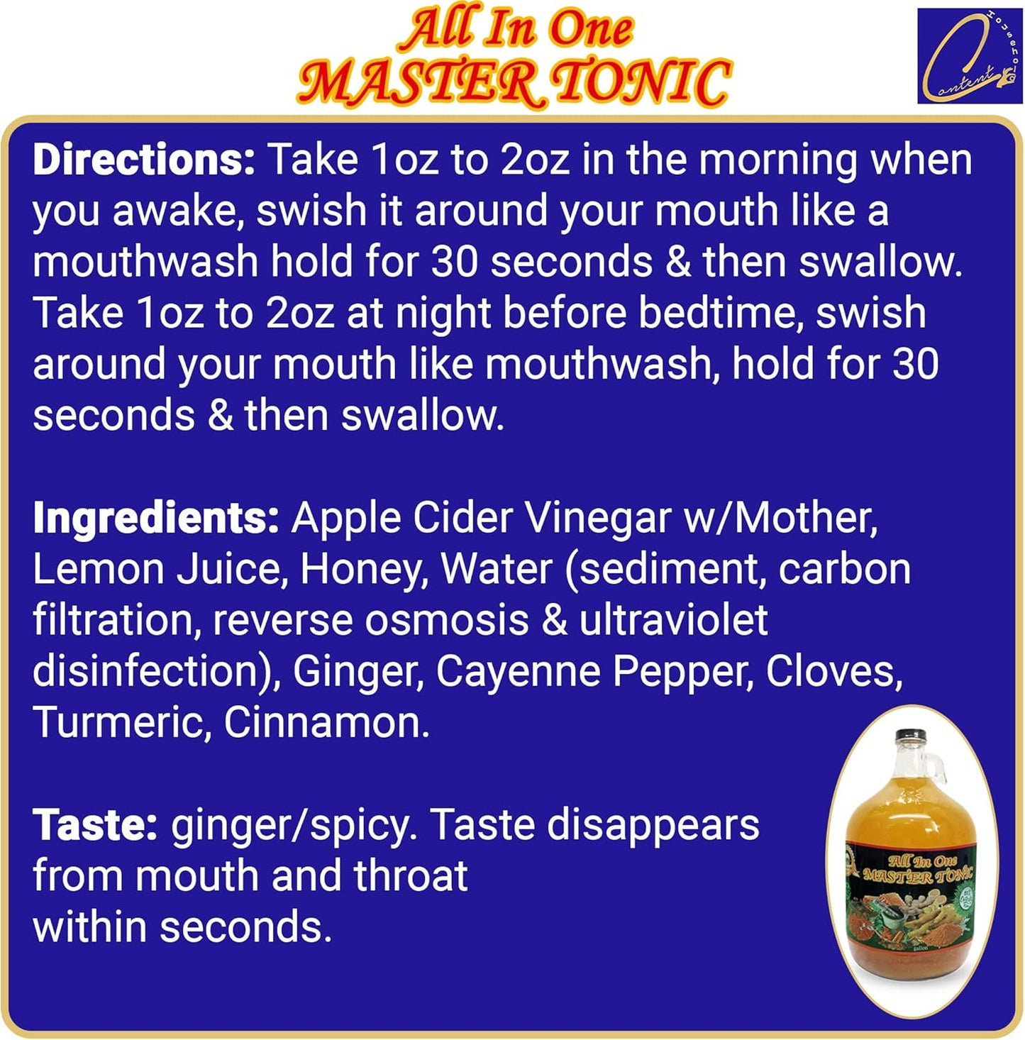 64oz Kosher| Halal | Natural apple cider vinegar | All in One Master Tonic Shots cinnamon, cloves, lemon, ginger, turmeric, cayenne pepper, honey, water | USDA Certified Organic | Fire Cider