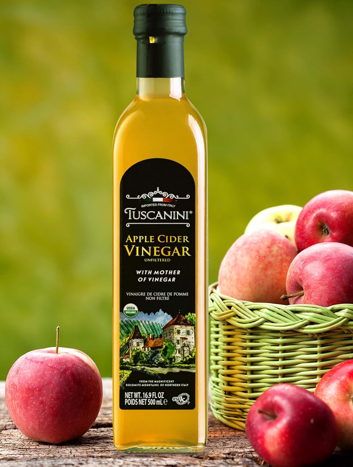 Tuscanini Italian Organic Unfiltered Apple Cider Vinegar with the Mother, 16.9oz, Premium Quality, Certified Kosher