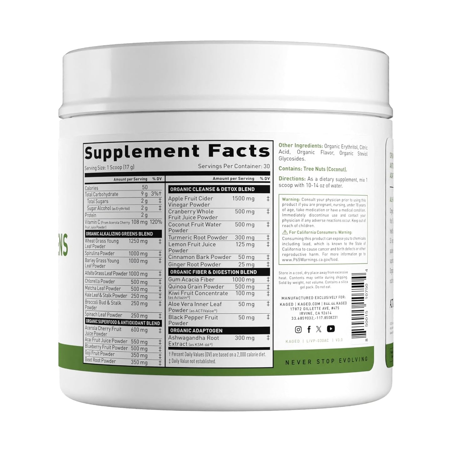 Kaged Organic Greens Superfood Powder, Outlive100 Apple Cinnamon, Supergreens, Apple Cider Vinegar, Ashwagandha, 30 Servings