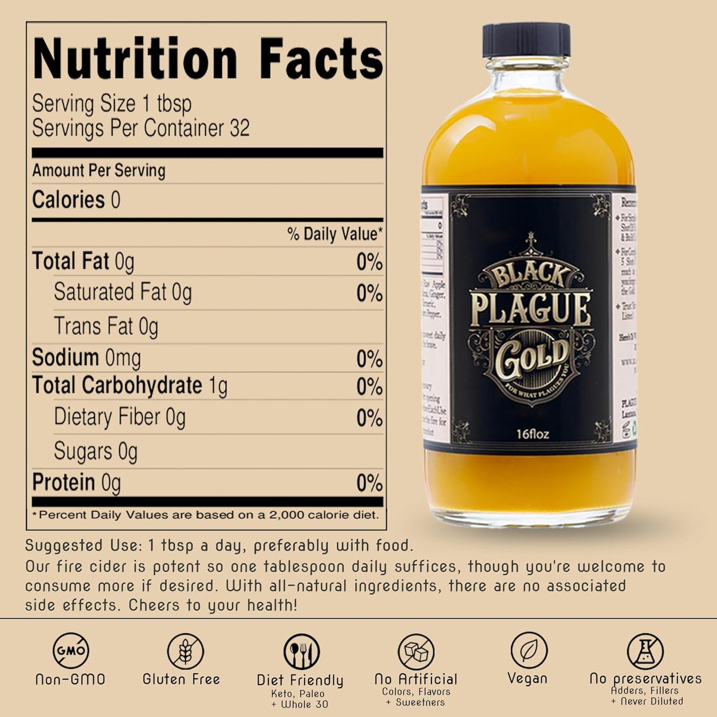 Black Plague Gold Fire Cider - 16oz All-Natural Elixir for Immunity, Gut Health & Wellness: Handcrafted, Small Batch, Herbal Apple Cider Vinegar, Whole, Raw & Sugar-Free - Unleash Your Optimal Health