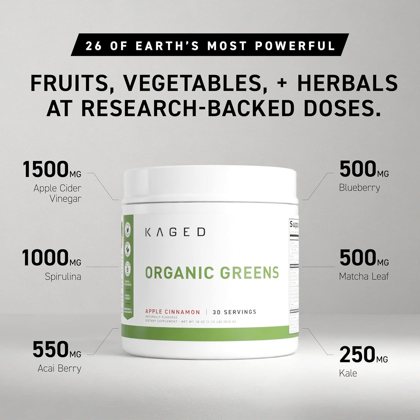 Kaged Organic Greens Superfood Powder, Outlive100 Apple Cinnamon, Supergreens, Apple Cider Vinegar, Ashwagandha, 30 Servings