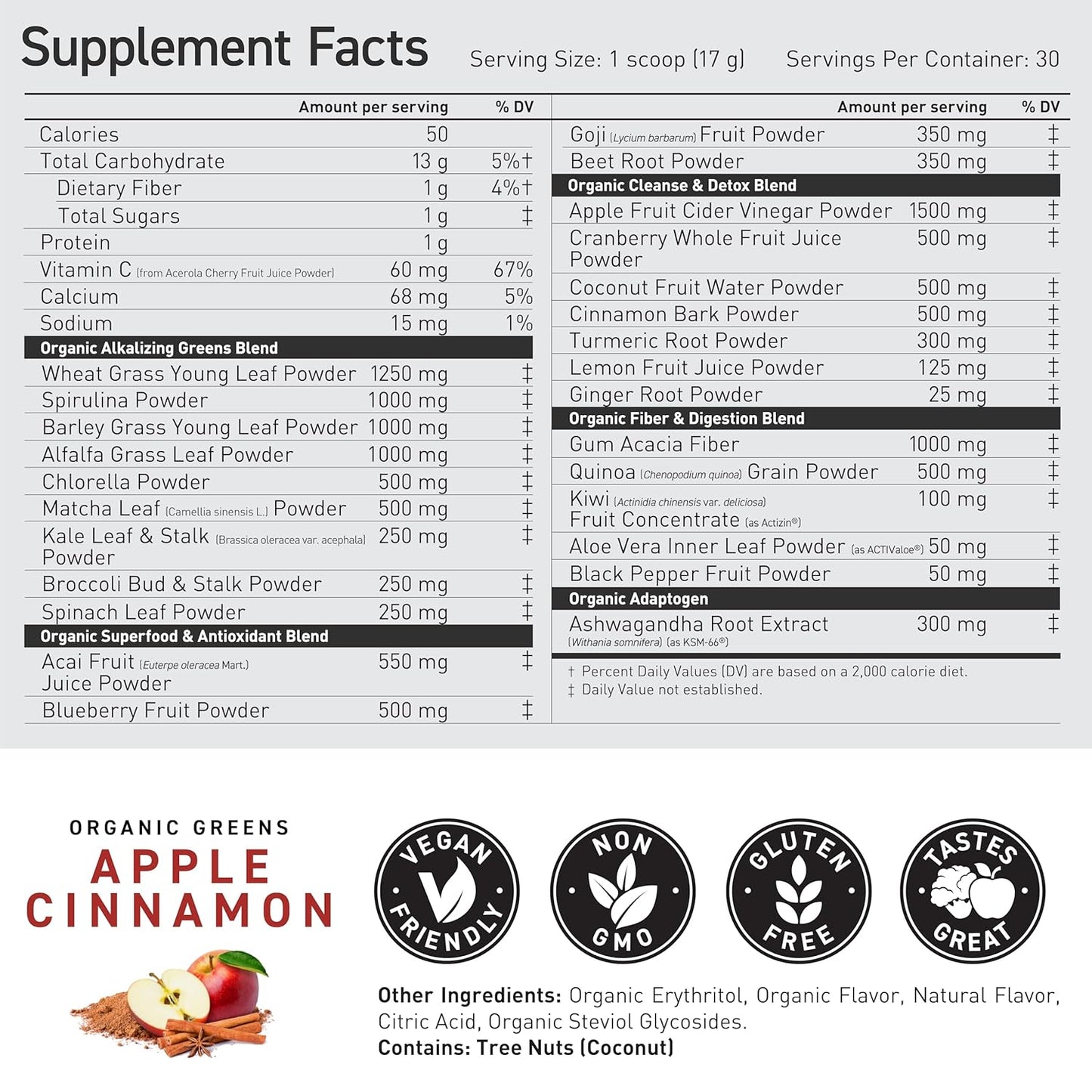 Kaged Organic Greens Superfood Powder, Outlive100 Apple Cinnamon, Supergreens, Apple Cider Vinegar, Ashwagandha, 30 Servings