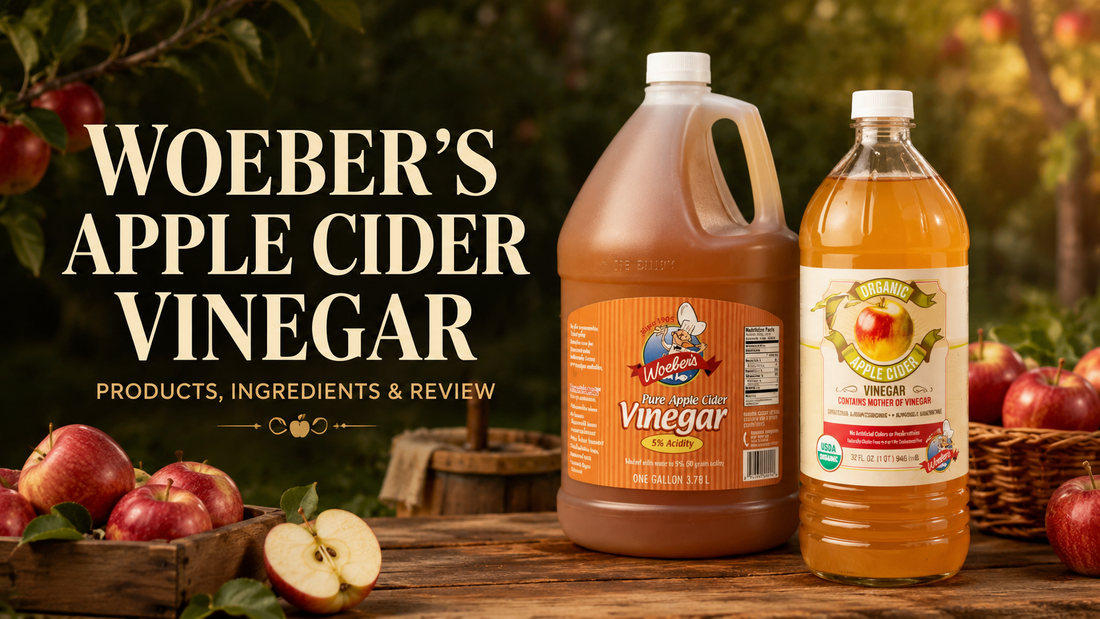 Woeber’s Apple Cider Vinegar Pure and Organic Raw bottles with fresh apples