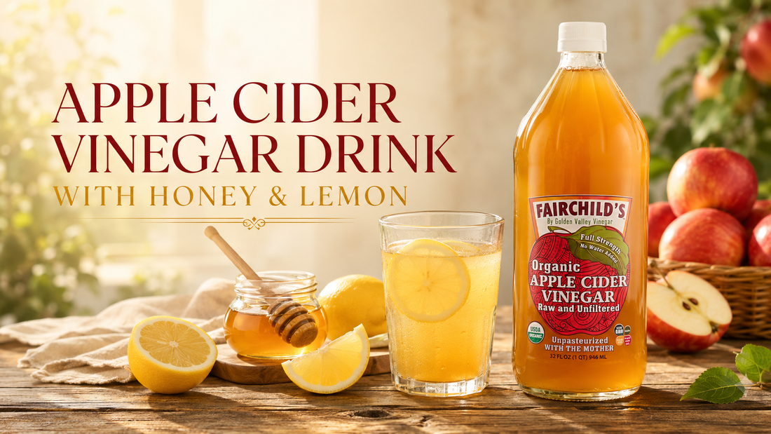 Apple cider vinegar drink with honey and lemon beside Fairchild’s Organic Apple Cider Vinegar