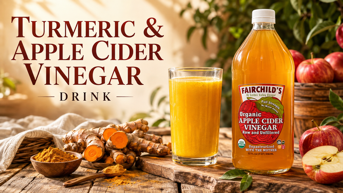 Turmeric and apple cider vinegar drink with Fairchild’s Organic Apple Cider Vinegar and fresh turmeric root