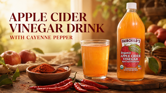 Apple cider vinegar drink with cayenne pepper featuring Fairchild’s Organic Apple Cider Vinegar and red cayenne peppers