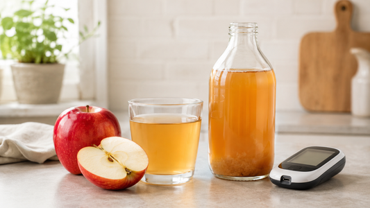 Apple cider vinegar, apples, and a glucose meter representing research on ACV and diabetes.
